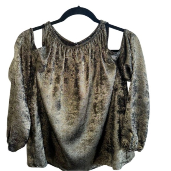 1.State Gold Black Metallic Cold-Shoulder Long-Sleeve Blouse Top Medium Y2K - Picture 2 of 10